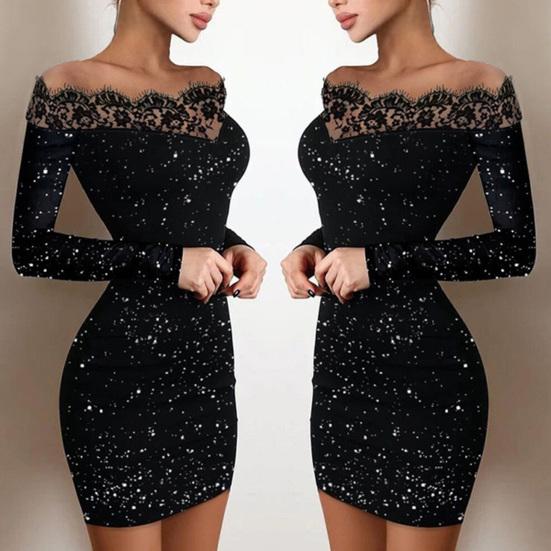 Women Mini Dress Splicing Design Off Shoulder Clothing Skinny Sheath Dress for Club