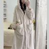 Women's Flannel Pajamas & Robe Set - Coral Fleece, Long, Cute Korean Style for Autumn & Winter Homewear.