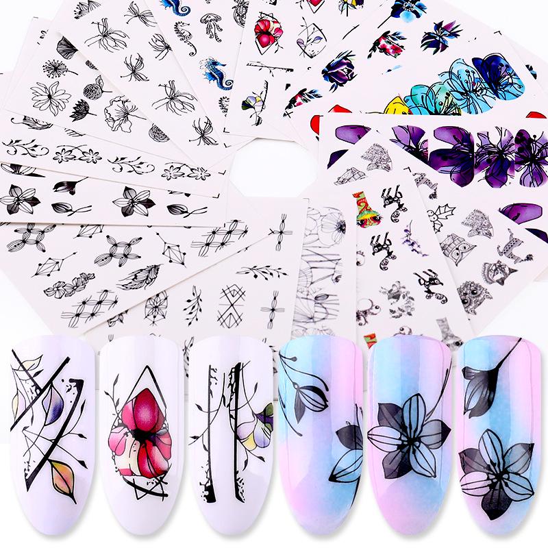 

14Pcs/set Nail Stickers Watermark Flower Stickers Set Water-based Color Black Border Flowers DIY Manicure 14pcs