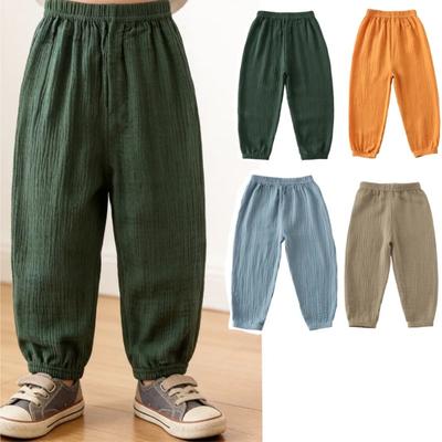 Summer Children Pants Casual Girls Boys Linen Solid Color Loose Pleated Pant Trousers Hight Waist Harem