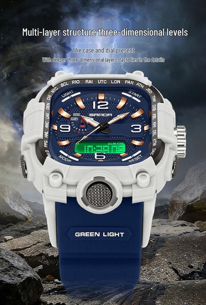 Sanda Three-Hand Square Dial Waterproof Student Sport Watch with Dual Display and Three-Zone Time.