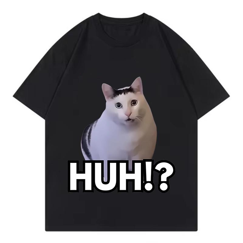 Retro Cat Saying Huh Meme T Shirts Unisex Women Cat Tshirt Aesthetics Round Neck Short Sleeve Trendy Tee Shirt Streetwear Tops