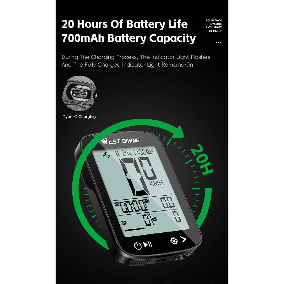 WEST BIKING Computadora Inteligente GPS para Bicicleta Pantalla Grande Velocímetro Inalámbrico para Ciclismo IPX7 Impermeable Ligero Odómetro de Bicicleta