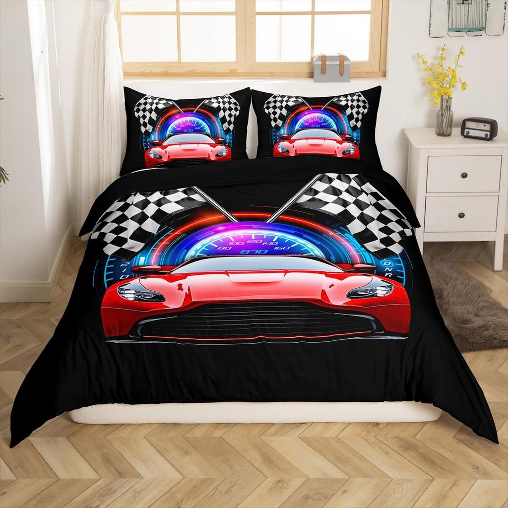 Checkered Flag Duvet Cover Sets for Teens Adults Queen Lightweight Quilt Covers Racing Themed Bedding Set Bedroom Decor No Quilt