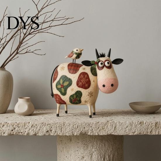 Rustic Farmhouse Shelf Decorations Creative Cow Sculpture with Bird, Resin Animal Figurine, Pastoral Statue, Gifts for Housewarming Artistic Tabletop