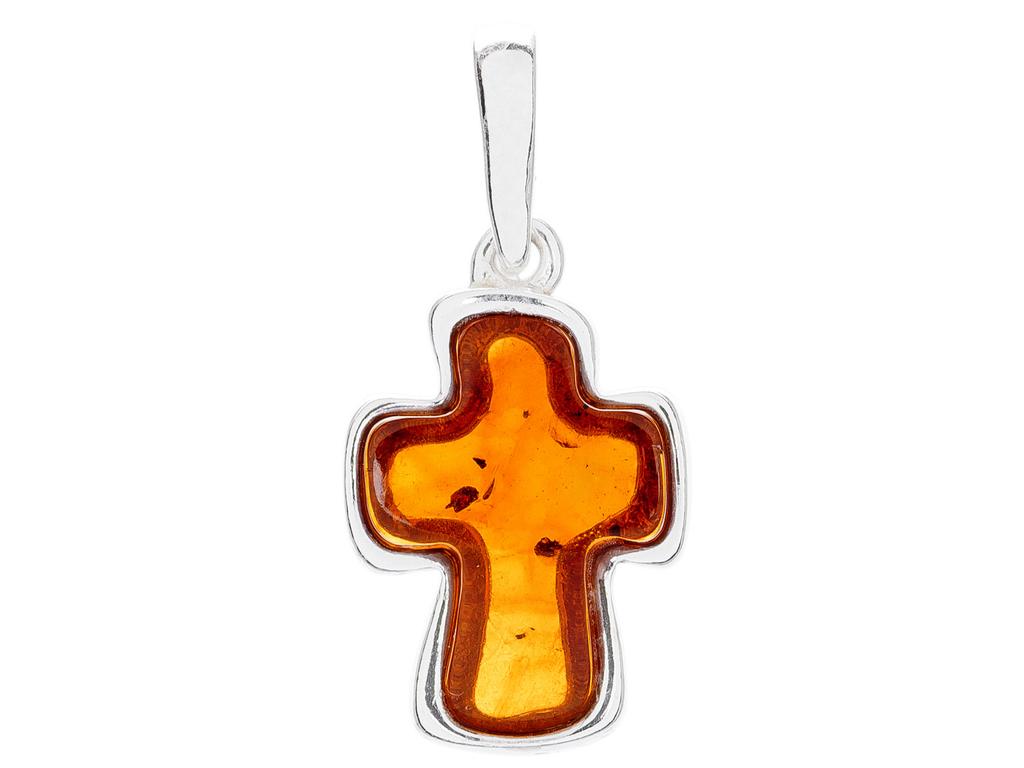 Krótki Srebrny Naszyjnik Krzyżyk Z Bursztynem Damski Krzyż Choker 32 Cm