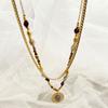 Medieval tiger's eye stone shell splicing beaded necklace retro light luxury disc pendant collarbone chain sweater chain