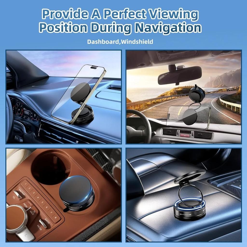 360° Foldable Vacuum Magnetic Phone Holder, Magnetic Car Phone Mount Hands-Free Suction Cup Phone Holder for Smooth Surface