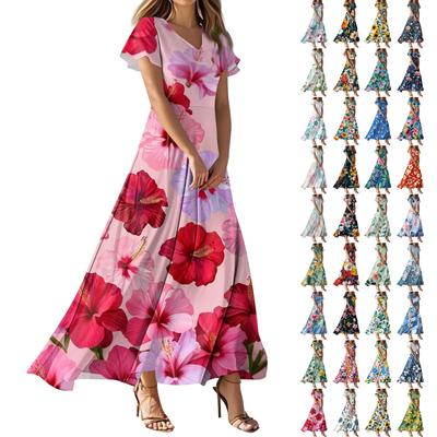 Dámske ležérne šaty s V-výstrihom, krátkym rukávom, vysokým pásom, retro kvetinovou a listovou potlačou