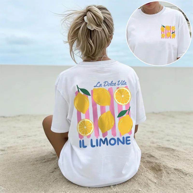 Unisexs Dolce Vita Lemon Print Tshirt Summer Vacation Casual Short Sleeve Tee Daily Wear Retro Top Minimalist