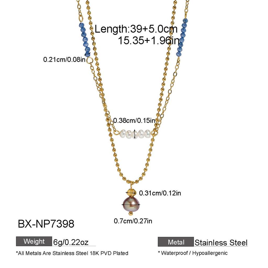 European & American Double-Layer Gray Purple Pearl Necklace, Titanium Steel, Colorfast, 18K Women's Luxury Layered Commuting Accessory