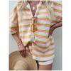 New Spring/Summer Women's Knit Color-Block Turn-Down Collar Striped Short-Sleeve Shorts Set