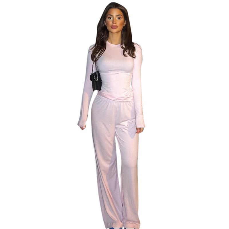 Y24ST593 Women's Casual Solid Color Round Neck Long Sleeve Top and Wide Leg Pants Set for Spring and Autumn