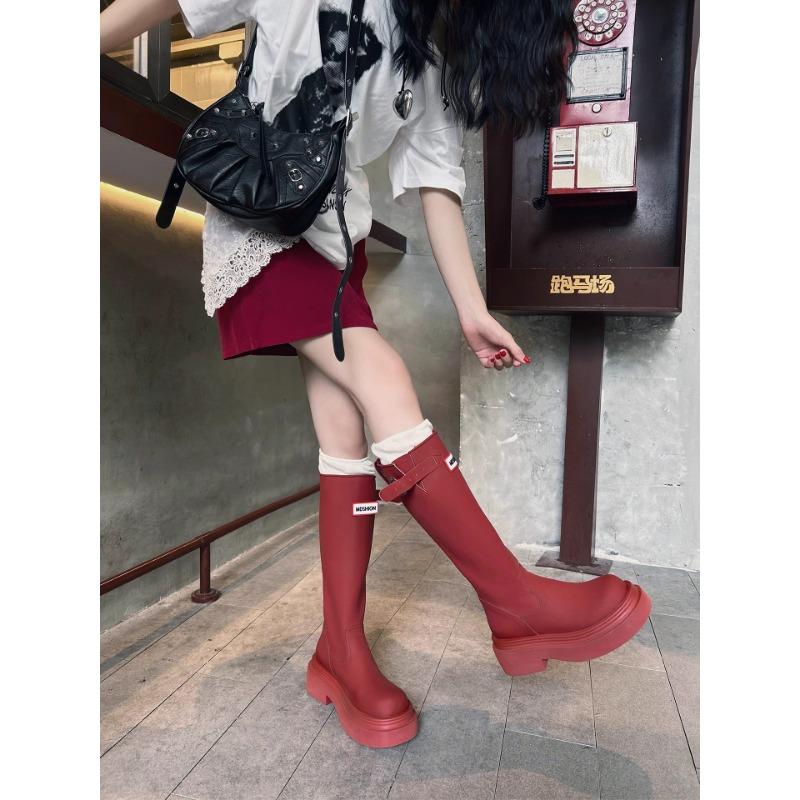 Red Thick-soled Knight Boots Women's New Sleeve Thick Heel Long Tube Waterproof and Non-slip Rain Boots