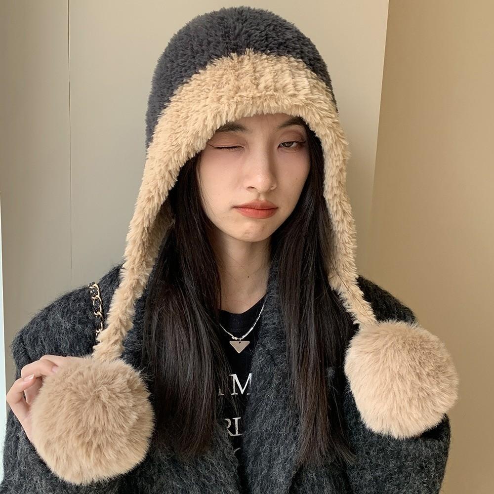 Fluffy Fur Plush Hat Windproof Pullover Hat New Pom-pom Knit Hat  Outdoor