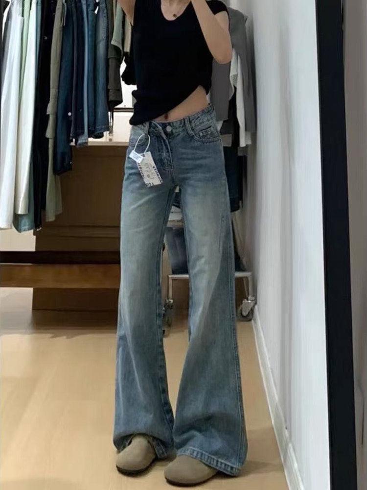 

Women s Retro Low-Waist Micro-Flare Patchwork Jeans - Slimming Straight-Leg Floor-Length Design 3XL - 144-161 lbs