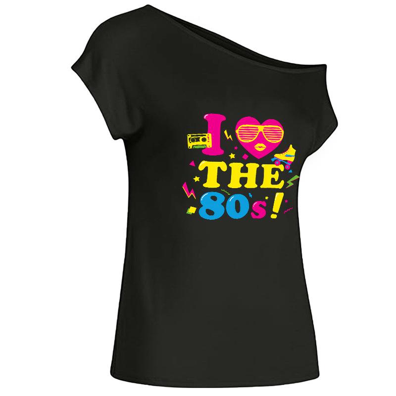 Women's 80's Nostalgic Party Off-Shoulder T-Shirt with Asymmetrical Neckline