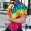 Women Short Sleeve Shirt Pink Blue Spiral Tie Dye Glitter Star Print Lapel Button Up Top
