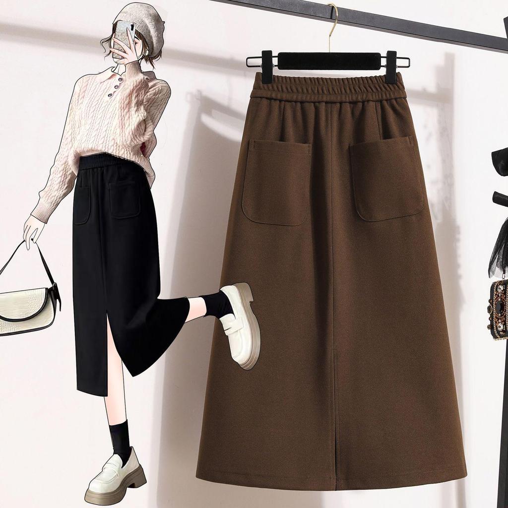 Women's Solid Color Half-Skirt with Pockets and Back Slit - Spring/Autumn Stylish, Elastic Waist, Mid-Length, Mature Style