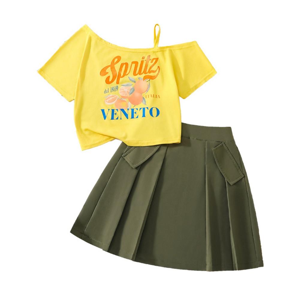 8-12 Years Kids Girls Off-the-shoulder Short-sleeve Top and Skirt Set 9Y