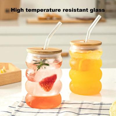 300ML/450ML Gėrimų Stiklinės Karščiui Atsparus Stiklas su Dangteliais Šiaudeliais Banga