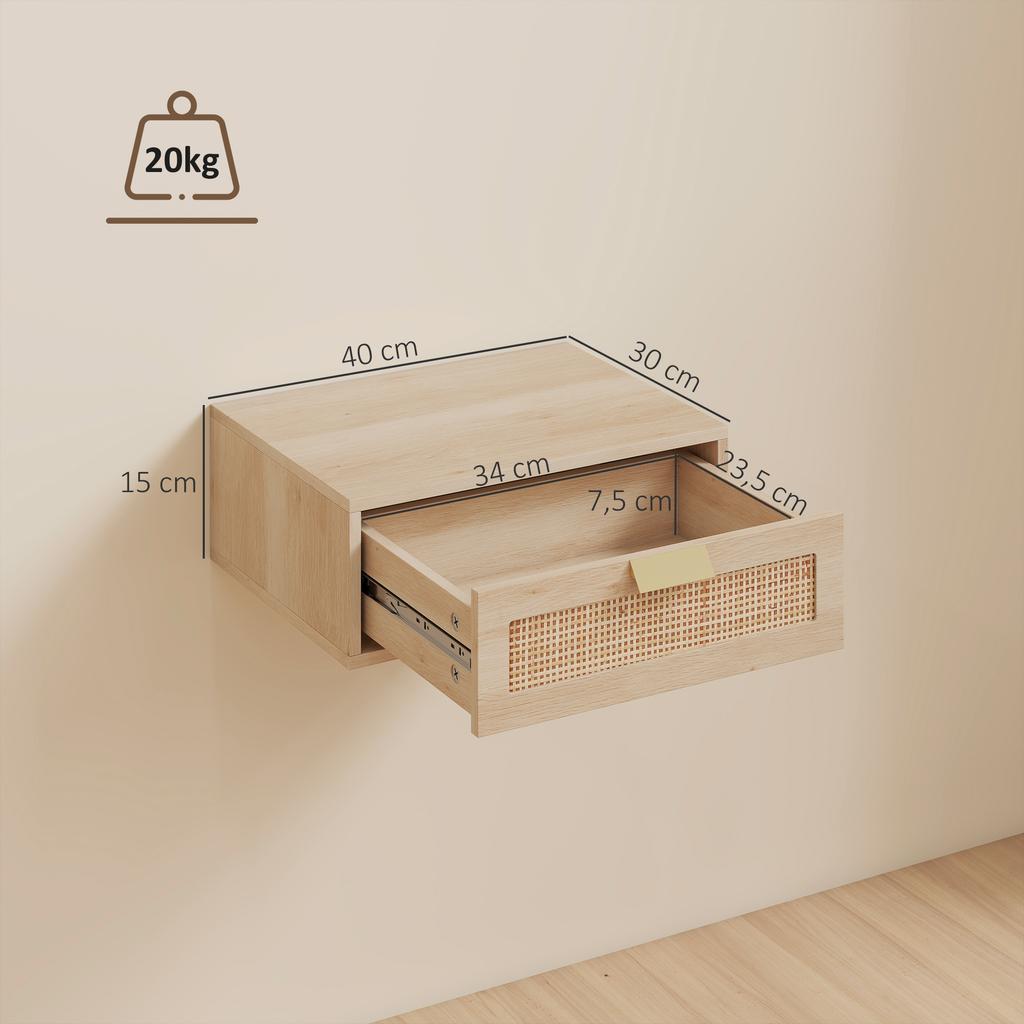 Set di 2 comodini sospesi, armadietti da comodino a parete con cassetto in rattan e effetto legno, rovere