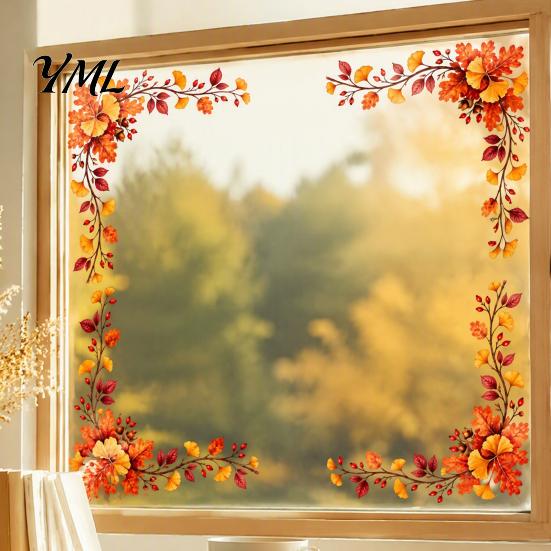 Thanksgiving Window Decals Harvest Festival Static Glass Sticker, Autumn Clings with Maple Leaves Sunflowers And Decorative Stickers Berries