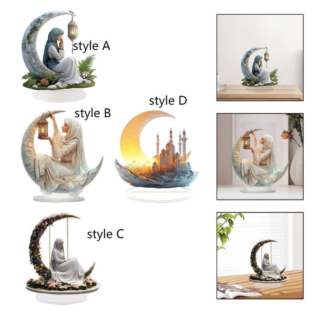 2D Flat Acrylic Moon Desk Ornament Acrylic Novelty with Base Display Artwork for Cafe Gift Spring Festival Drawing Room Dorm