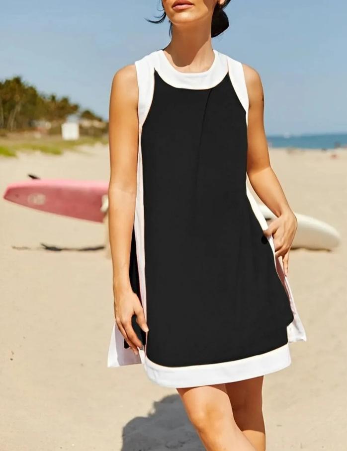 

Black White Color Block Sleeveless Dress with Built-in Shorts XS чёрный