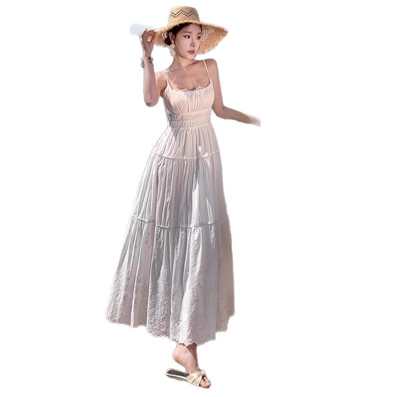 New super fairy seaside vacation white design embroidered suspender dress long dress