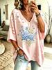 Camiseta casual de mujer con cuello en V, top holgado de manga corta con estampado navideño