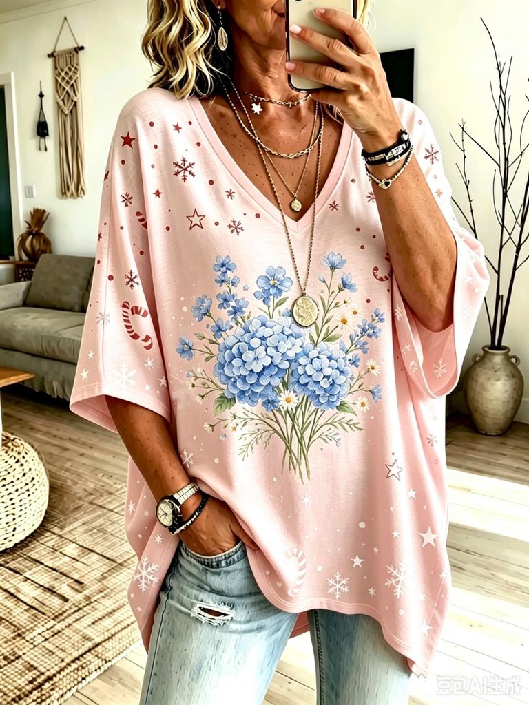 Camiseta casual de mujer con cuello en V, top holgado de manga corta con estampado navideño