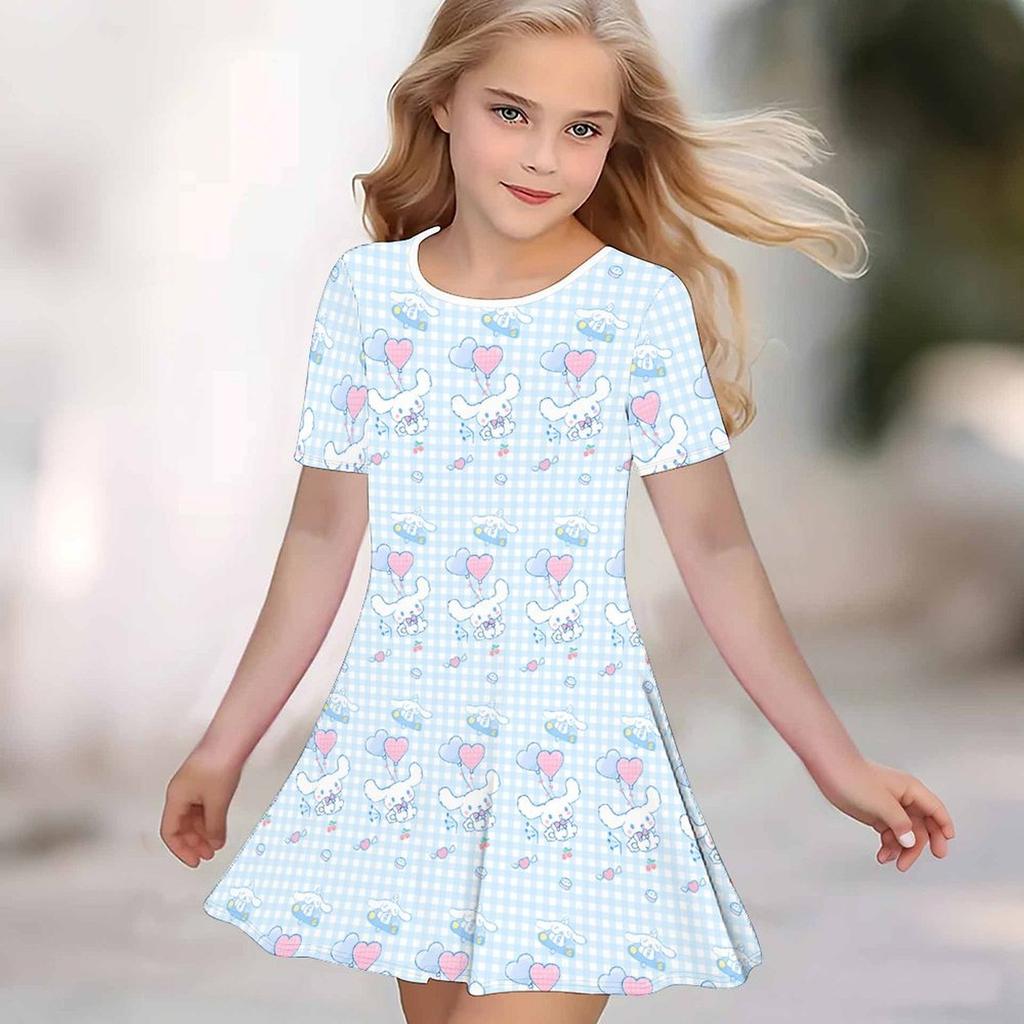 Girls 3D Print Dresses Kids Girl Party Short Sleeve Princess Dress Tank 3D Likable Cartoon Print Dress