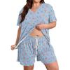 Women Casual Two Piece Set Short Sleeve V Neck Loose Fit Top with Elastic Waist Shorts Plus Size Printed Loungewear Sleepwear Set