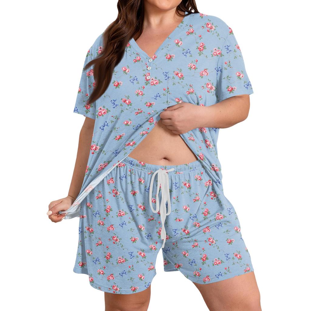 Women Casual Two Piece Set Short Sleeve V Neck Loose Fit Top with Elastic Waist Shorts Plus Size Printed Loungewear Sleepwear Set
