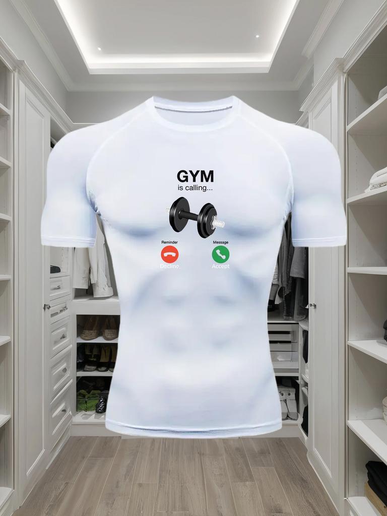 Men's Compression Shirt Quick Dry Gray Gym T-Shirt "GYM Is Calling" Dumbbell Print Workout Sportswear Lifestyle To Gym Men's Compression Shirt