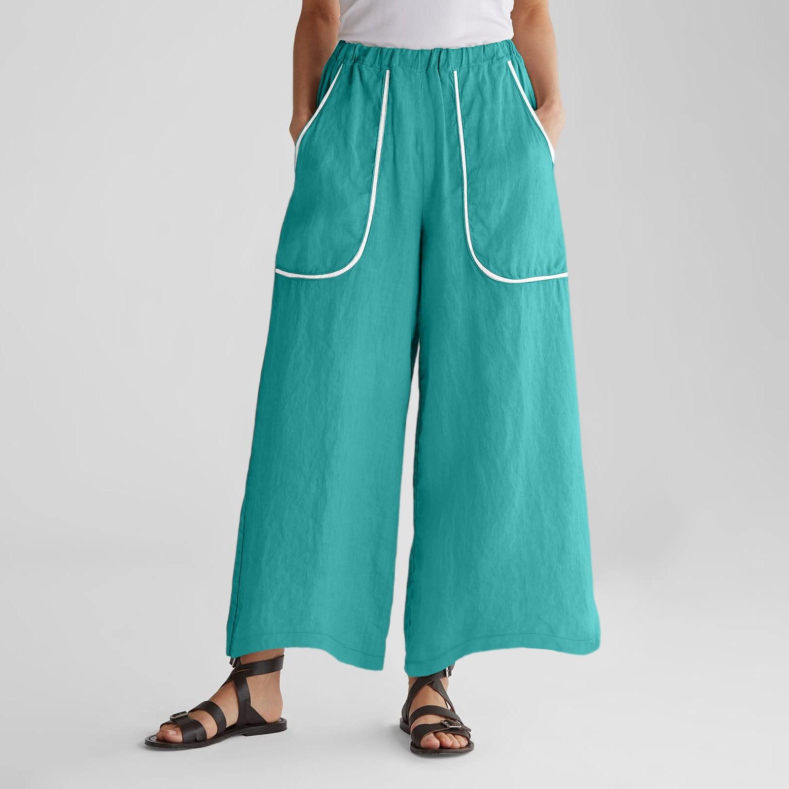 

Женские брюки широкие от бедра с эластичным поясом, однотонные, с большими карманами, с отделкой пэчворк по краю, свободные XXL