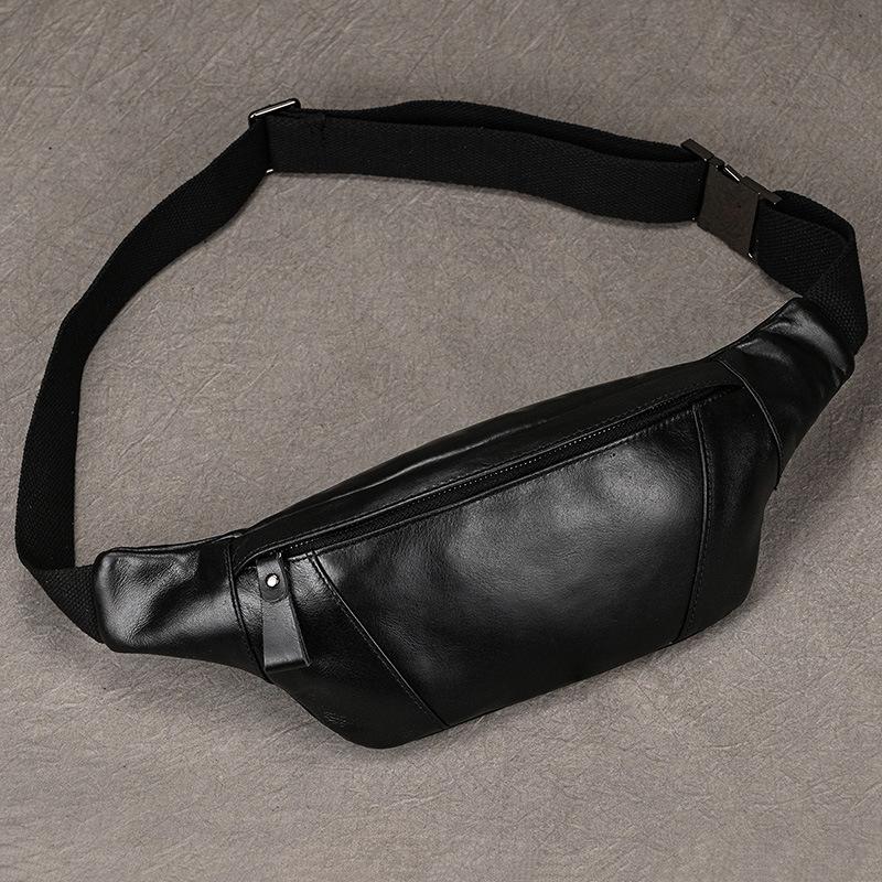 Creative and Fashionable Leather Chest Bag, Men's Shoulder Bag, Black Women's Crossbody Bag, Top Layer Cowhide Waist Bag, Mobile Phone Bag