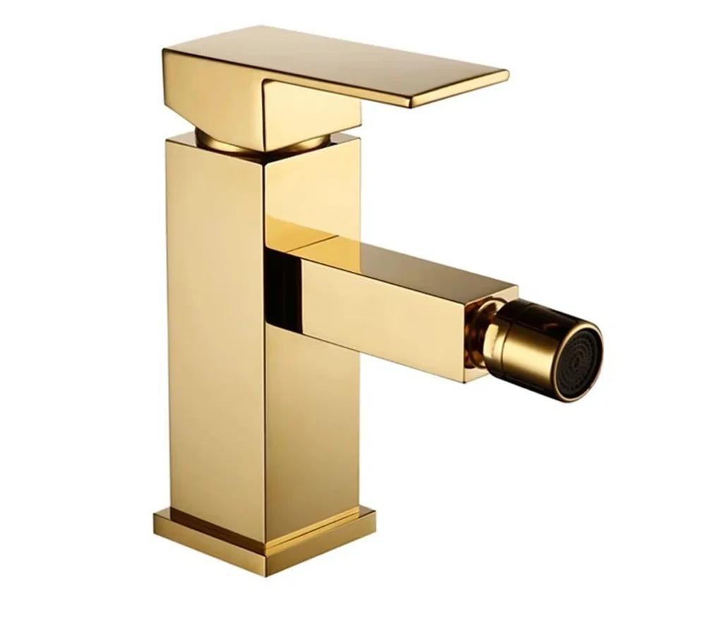 Brushed Gold Bidet Faucet Bathroom Sink Tap 360 Swivel Round Nozzle Square Hot And Cold Mixer Deck Mounted