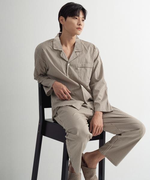 [May Flower] Khaki Style Long Sleeve Pure Cotton Men's Plus Size Pajama Set [Shipped from Korea] 100% Authentic