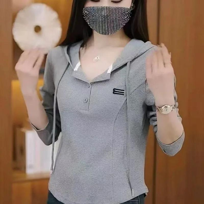 Women's Sports Casual Hooded Sweatshirt Top Autumn Thin Solid Color Versatile Long-sleeved T-shirt For