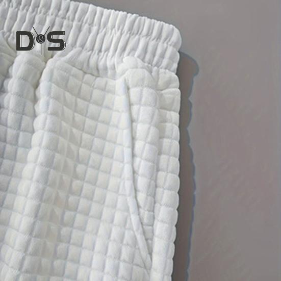 Women Long Pants Elastic High Waist Straight Wide Leg Casual Trousers with Pockets Solid Color Waffle Texture Sweatpants