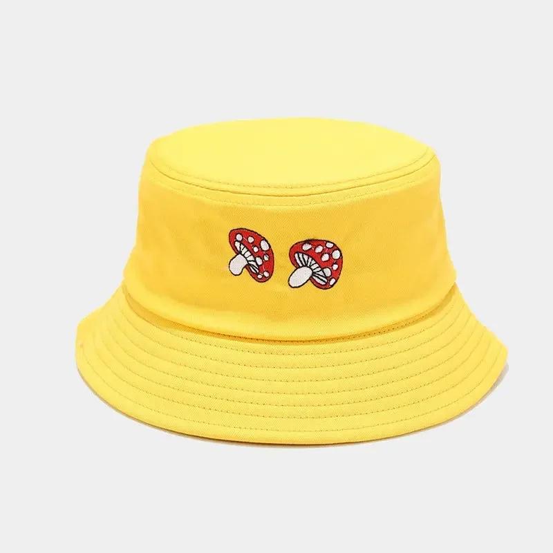 Chapeau seau imprimé en coton Printemps Été Chapeau de pêcheur Chapeau de soleil pour voyage en plein air pour hommes et femmes 51 yellow