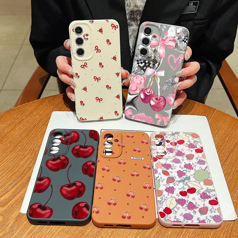 Cherry Fruits Print Case For Samsung S26 S25 Ultra S24 S23 S22 S21 FE A15 A35 A55 A16 A36 A56 A17 A18 A37 A57 5G Leather Texture Soft Cover
