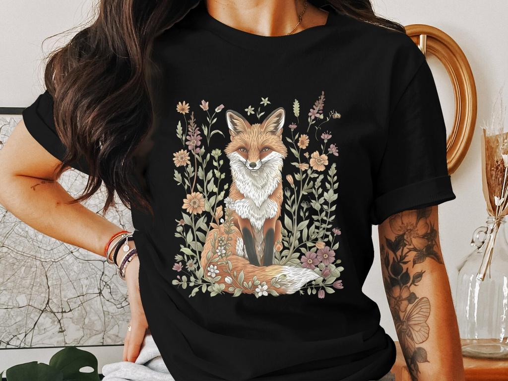 Fox in Floral Garden Graphic Tee, Cottagecore Aesthetic T-Shirt, Whimsical Nature Lover Shirt, Woodland Animal Top, Cozy Outdoor Wear