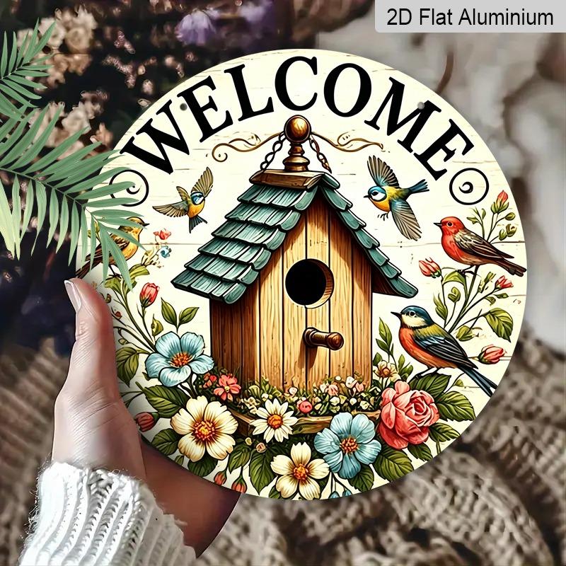 2D Flat Birdhouse Floral Welcome Doorplate, Aluminum Decorative Sign and Plaque, Various Sizes. Colorful Birds and Flowers, Rustic Farmhouse Hanging