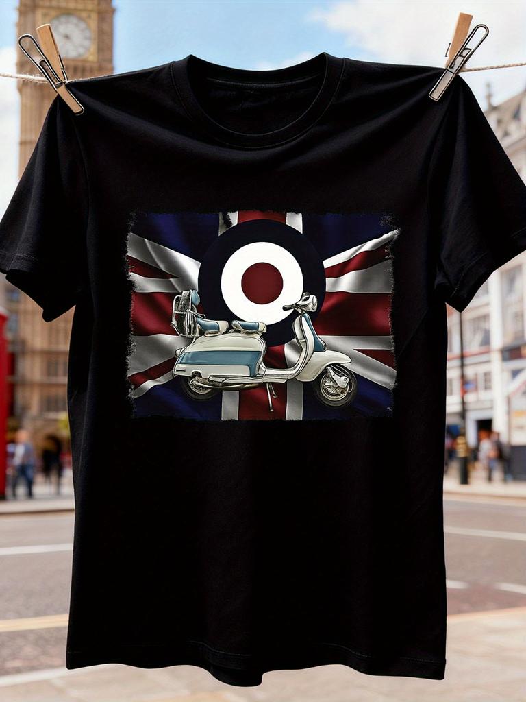 Scooter Mod Subculture T-Shirt with Union Jack & Target Graphic - Casual Short Sleeve Round Nec