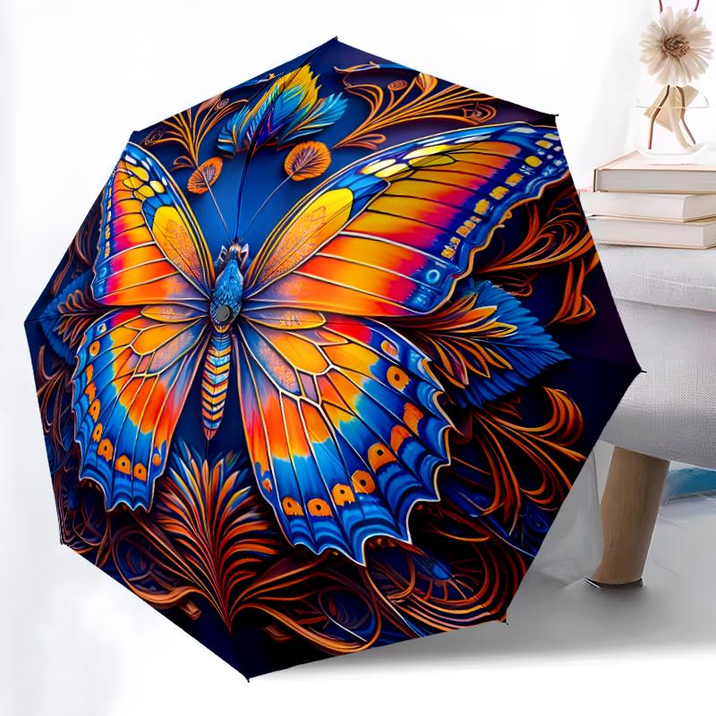 

1pc Sturdy 8-Bone Auto Umbrella, Beautiful Butterfly Umbrella, Digital Printed, Foldable Umbrella for On-the-Go Outdoor Use