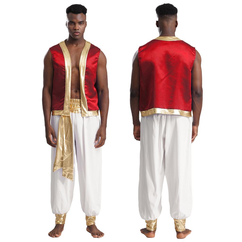 Halloween Arabian Prince Costume for Men M-3XL, 2Pc Metallic Shiny Vest with Open Front & Long Pants, Cosplay Theme Party