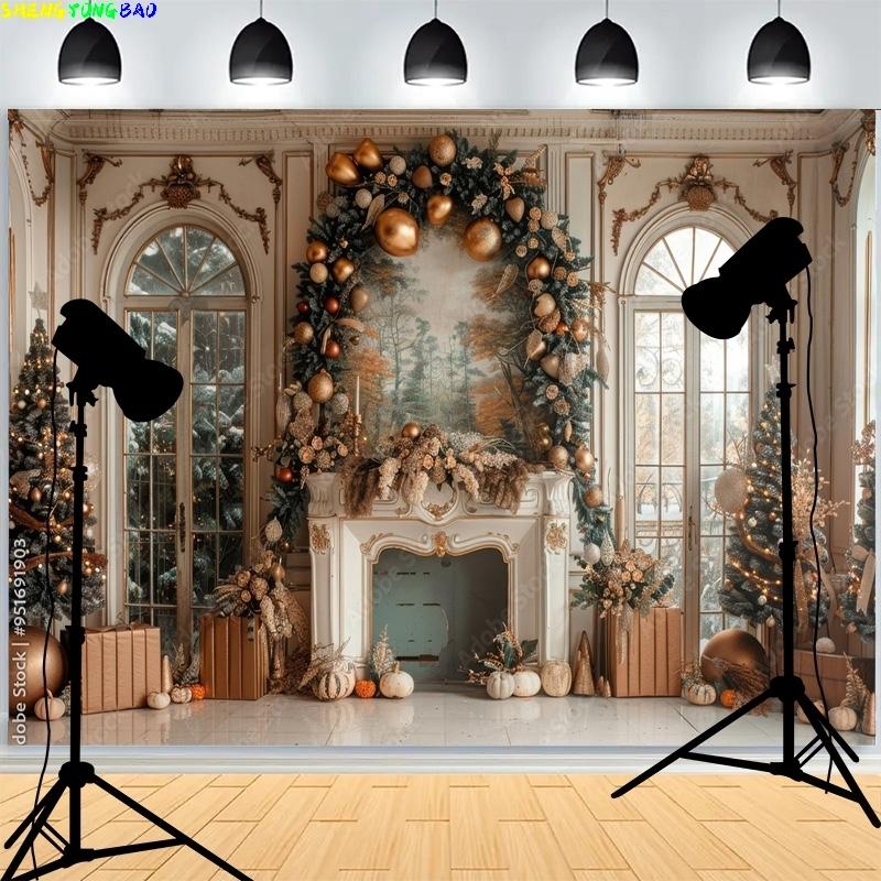 Christmas Day Wreach Snowflake Photography Backdrops Front Door Winter New Year Cottage Living Room Decoration Background DD-08